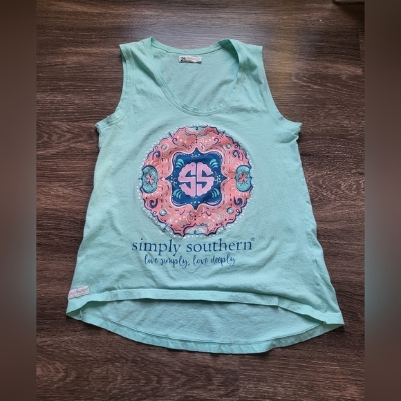 Simply Southern Aqua and Pink Graphic Tank Top Women's Small - Picture 1 of 7